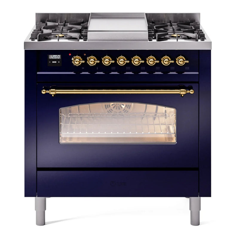 ILVE Nostalgie II 36" Dual Fuel Freestanding Range in Midnight Blue with Brass Trim, UP36FNMPMBG