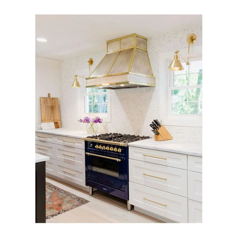 ILVE Nostalgie II 36" Dual Fuel Freestanding Range in Midnight Blue with Brass Trim, UP36FNMPMBG