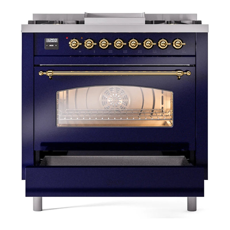 ILVE Nostalgie II 36" Dual Fuel Freestanding Range in Midnight Blue with Brass Trim, UP36FNMPMBG