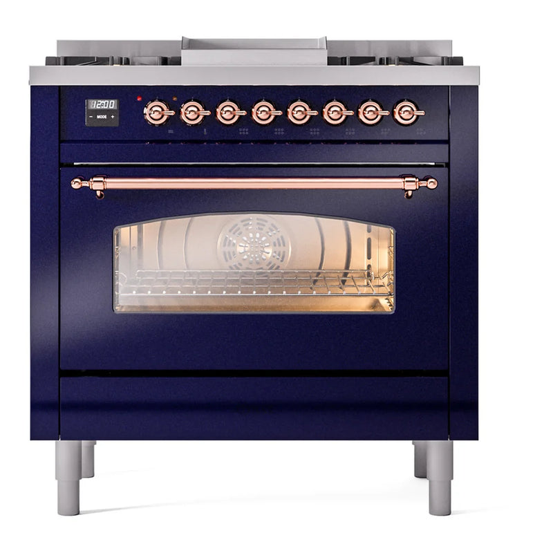 ILVE Nostalgie II 36" Dual Fuel Freestanding Range in Midnight Blue with Copper Trim, UP36FNMPMBPLP