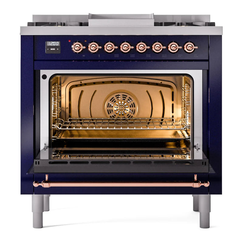 ILVE Nostalgie II 36" Dual Fuel Freestanding Range in Midnight Blue with Copper Trim, UP36FNMPMBPLP