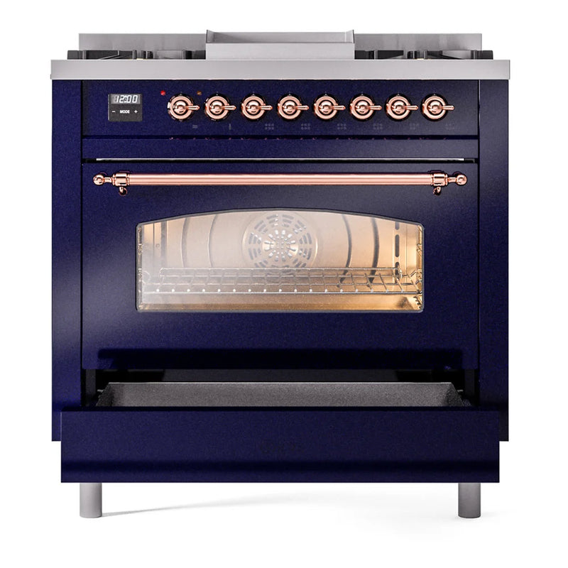 ILVE Nostalgie II 36" Dual Fuel Freestanding Range in Midnight Blue with Copper Trim, UP36FNMPMBPLP