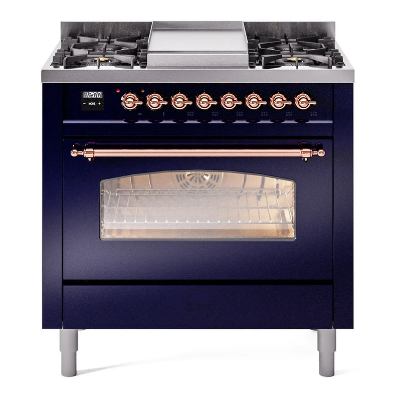 ILVE Nostalgie II 36" Dual Fuel Freestanding Range in Midnight Blue with Copper Trim, UP36FNMPMBP