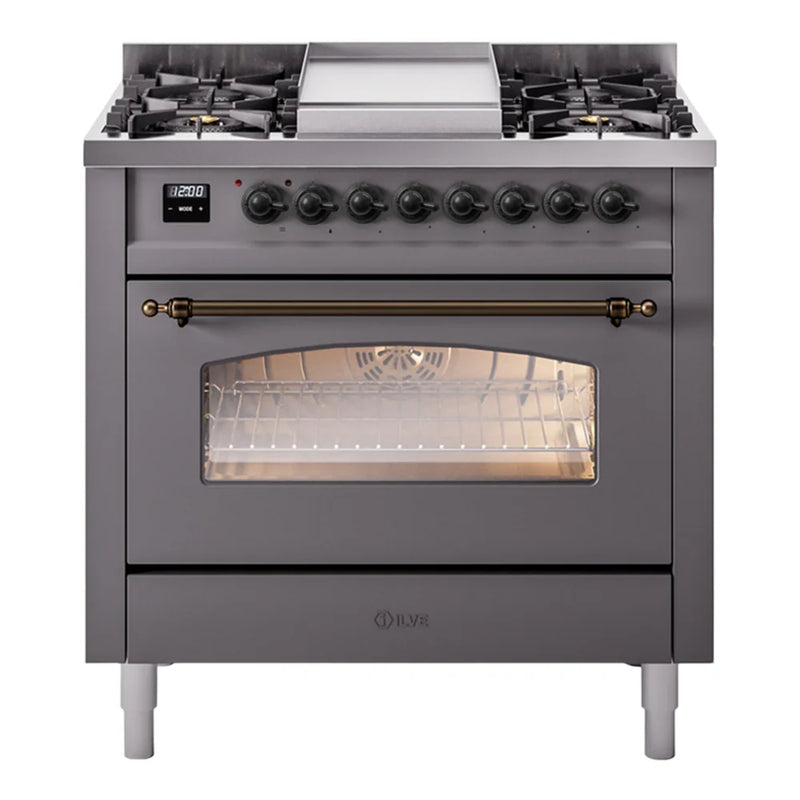 ILVE Nostalgie II 36" Dual Fuel Freestanding Range in Graphite Matte with Burnished Trim, UP36FNMPMGBLP