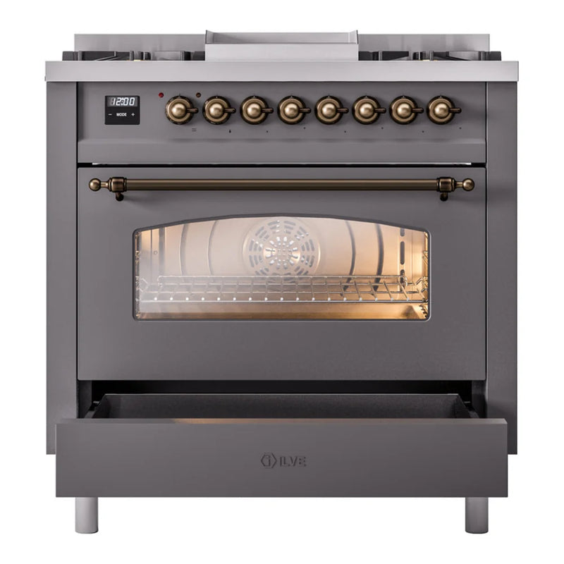 ILVE Nostalgie II 36" Dual Fuel Freestanding Range in Graphite Matte with Burnished Trim, UP36FNMPMGBLP