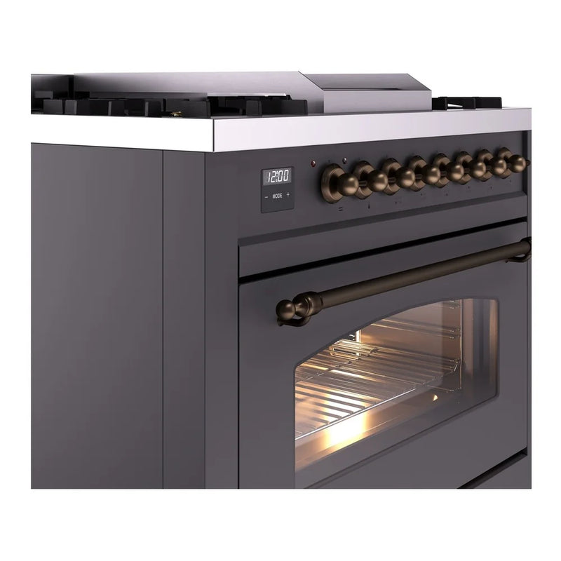 ILVE Nostalgie II 36" Dual Fuel Freestanding Range in Graphite Matte with Burnished Trim, UP36FNMPMGBLP