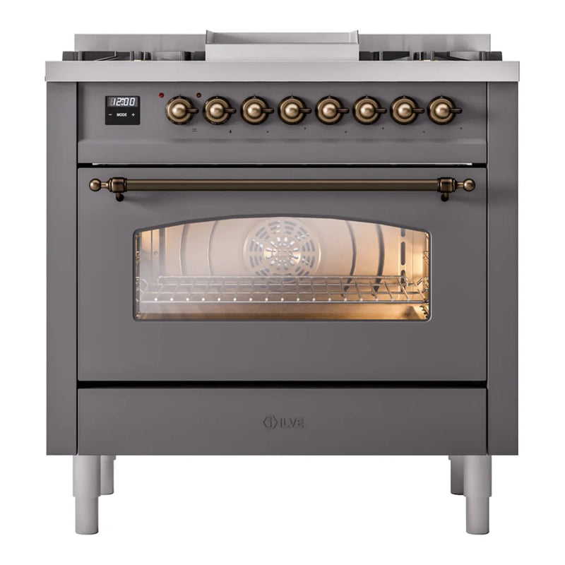 ILVE Nostalgie II 36" Dual Fuel Freestanding Range in Graphite Matte with Burnished Trim, UP36FNMPMGB