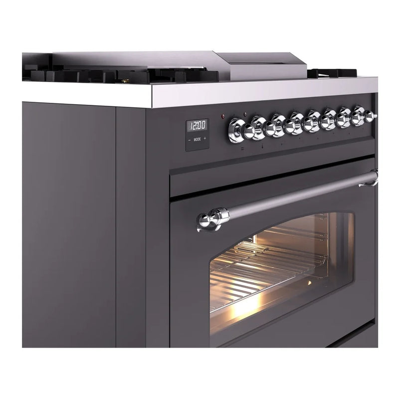 ILVE Nostalgie II 36" Dual Fuel Freestanding Range in Graphite Matte with Chrome Trim, UP36FNMPMGCLP
