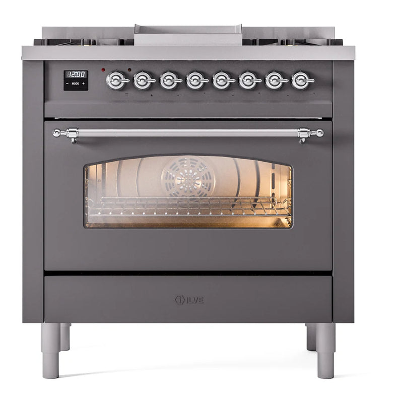ILVE Nostalgie II 36" Dual Fuel Freestanding Range in Graphite Matte with Chrome Trim, UP36FNMPMGC