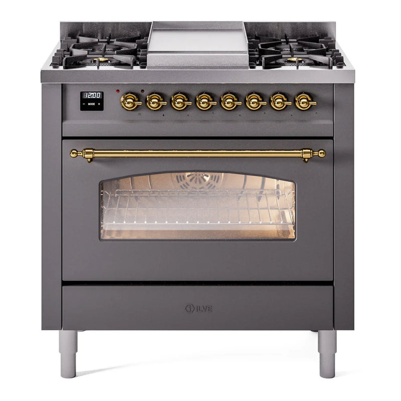 ILVE Nostalgie II 36" Dual Fuel Freestanding Range in Graphite Matte with Brass Trim, UP36FNMPMGGLP