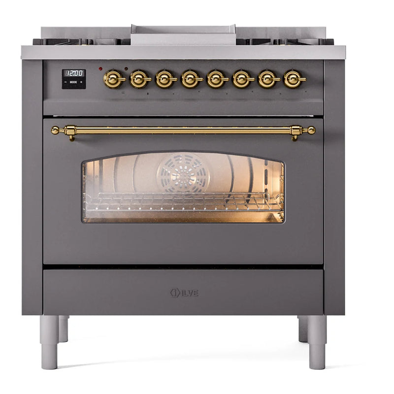 ILVE Nostalgie II 36" Dual Fuel Freestanding Range in Graphite Matte with Brass Trim, UP36FNMPMGGLP