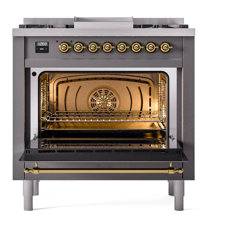 ILVE Nostalgie II 36" Dual Fuel Freestanding Range in Graphite Matte with Brass Trim, UP36FNMPMGGLP
