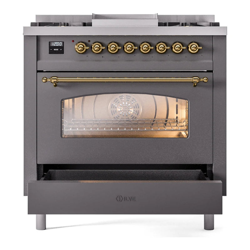 ILVE Nostalgie II 36" Dual Fuel Freestanding Range in Graphite Matte with Brass Trim, UP36FNMPMGGLP