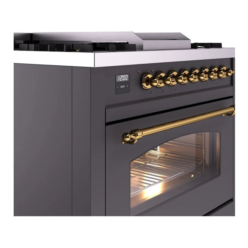 ILVE Nostalgie II 36" Dual Fuel Freestanding Range in Graphite Matte with Brass Trim, UP36FNMPMGGLP