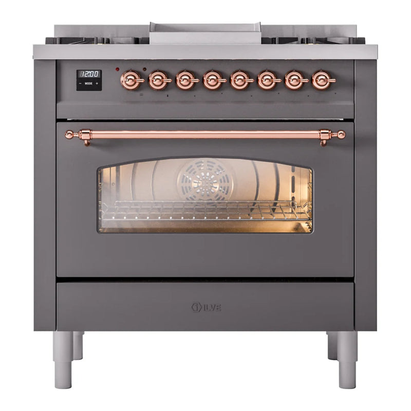 ILVE Nostalgie II 36" Dual Fuel Freestanding Range in Graphite Matte with Copper Trim, UP36FNMPMGPLP