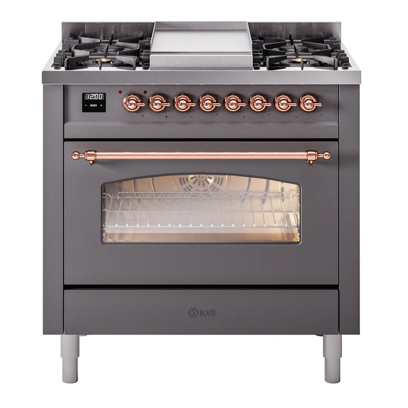 ILVE Nostalgie II 36" Dual Fuel Freestanding Range in Graphite Matte with Copper Trim, UP36FNMPMGP