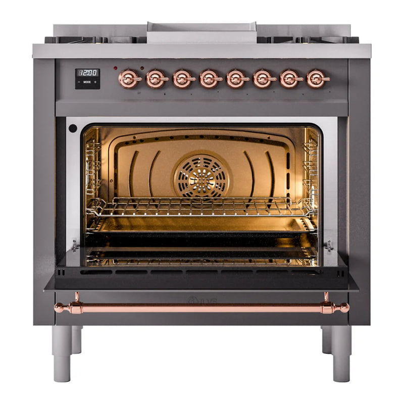 ILVE Nostalgie II 36" Dual Fuel Freestanding Range in Graphite Matte with Copper Trim, UP36FNMPMGP