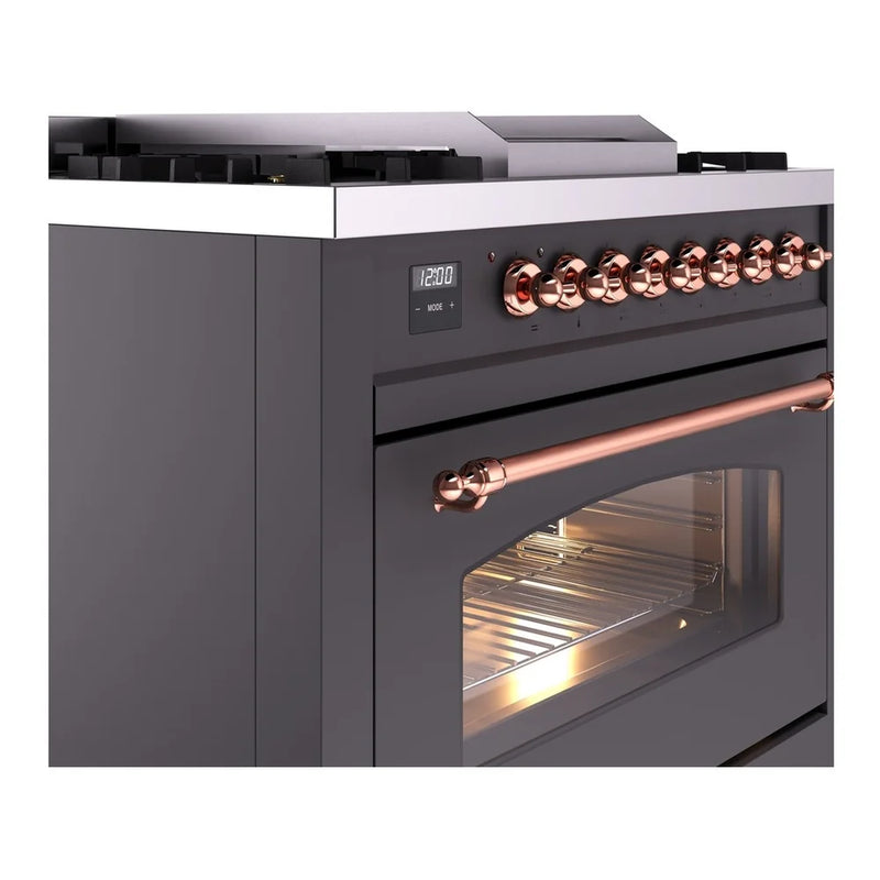 ILVE Nostalgie II 36" Dual Fuel Freestanding Range in Graphite Matte with Copper Trim, UP36FNMPMGP