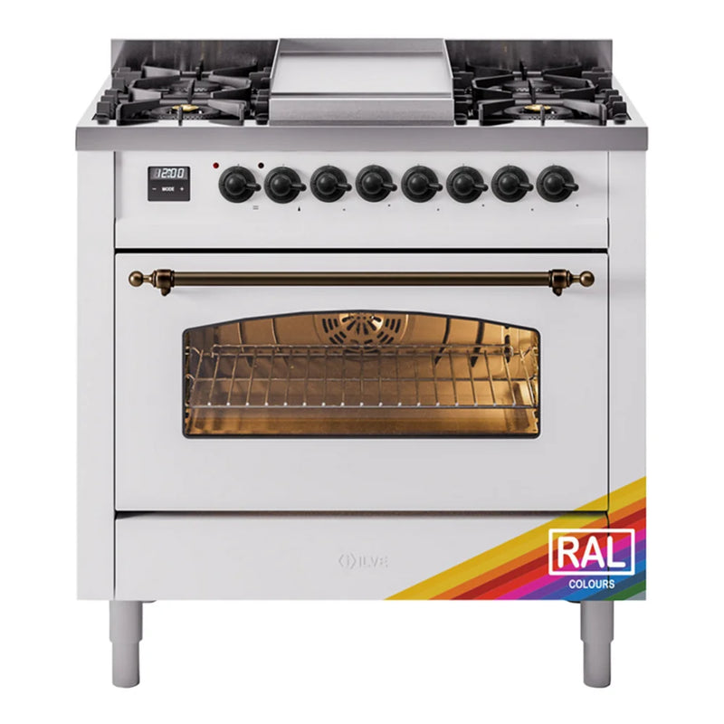 ILVE Nostalgie II 36" Dual Fuel Freestanding Range in RAL Color with Burnished Trim, UP36FNMPRAB