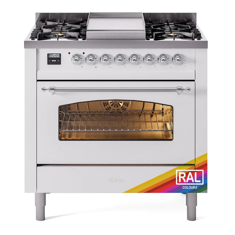 ILVE Nostalgie II 36" Dual Fuel Freestanding Range in RAL Color with Chrome Trim, UP36FNMPRAC
