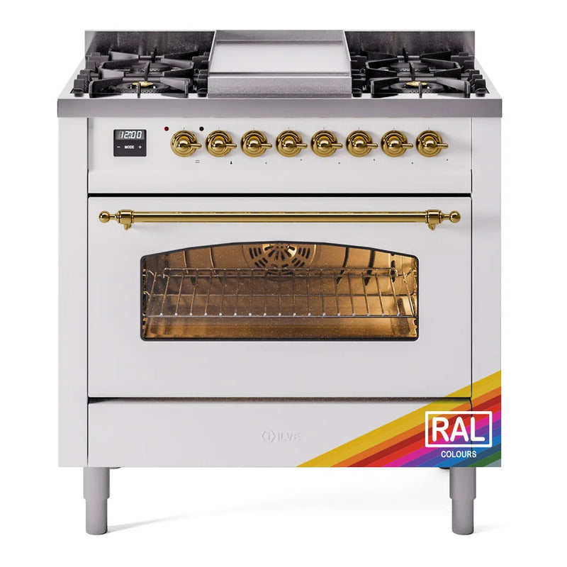 ILVE Nostalgie II 36" Dual Fuel Freestanding Range in RAL Color with Brass Trim, UP36FNMPRAGLP