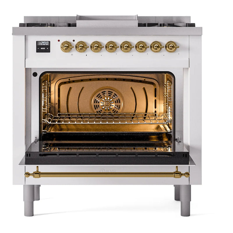 ILVE Nostalgie II 36" Dual Fuel Freestanding Range in RAL Color with Brass Trim, UP36FNMPRAGLP