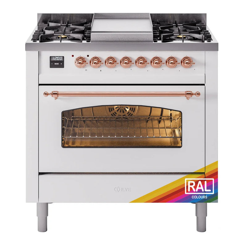 ILVE Nostalgie II 36" Dual Fuel Freestanding Range in RAL Color with Copper Trim, UP36FNMPRAP