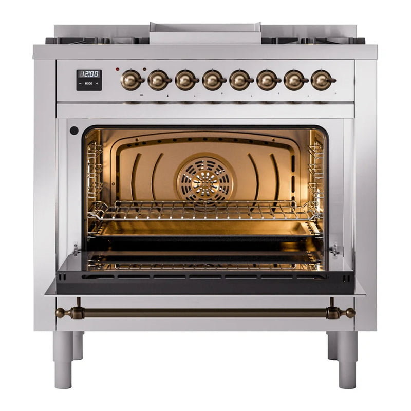 ILVE Nostalgie II 36" Dual Fuel Freestanding Range in Stainless Steel with Burnished Trim, UP36FNMPSSBLP