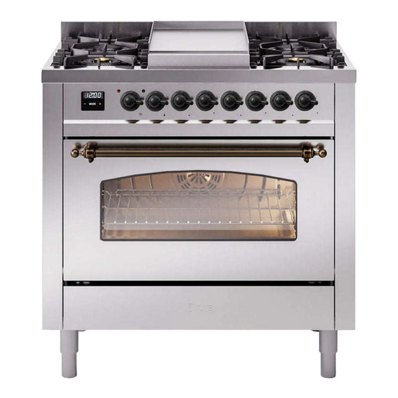 ILVE Nostalgie II 36" Dual Fuel Freestanding Range in Stainless Steel with Burnished Trim, UP36FNMPSSB