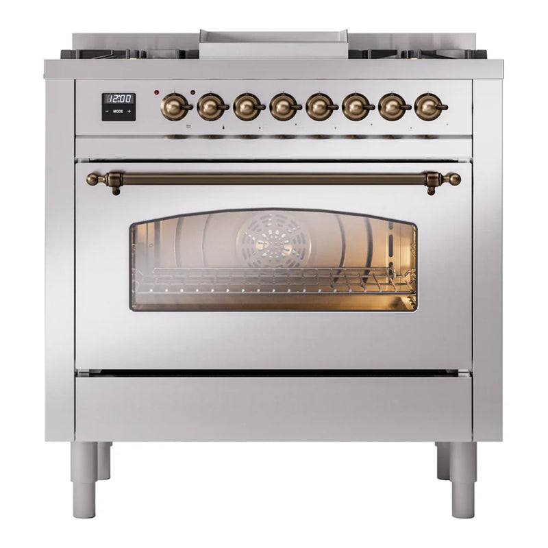 ILVE Nostalgie II 36" Dual Fuel Freestanding Range in Stainless Steel with Burnished Trim, UP36FNMPSSB