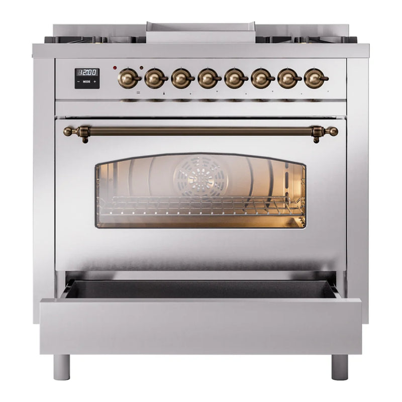 ILVE Nostalgie II 36" Dual Fuel Freestanding Range in Stainless Steel with Burnished Trim, UP36FNMPSSB