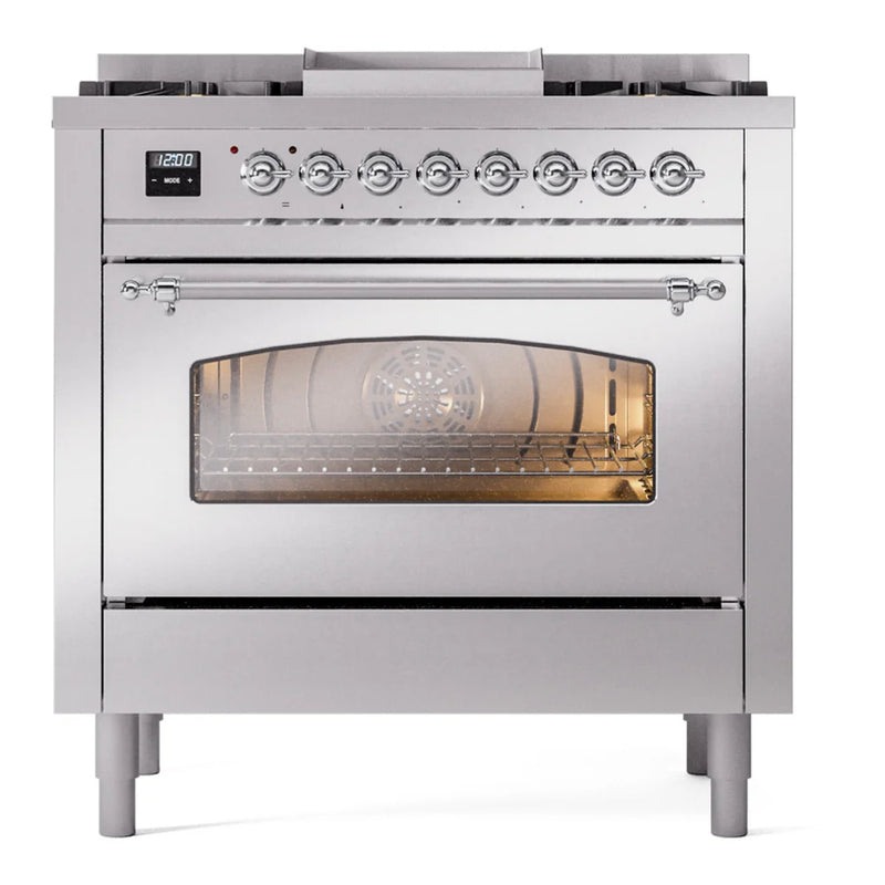 ILVE Nostalgie II 36" Dual Fuel Freestanding Range in Stainless Steel with Chrome Trim, UP36FNMPSSC
