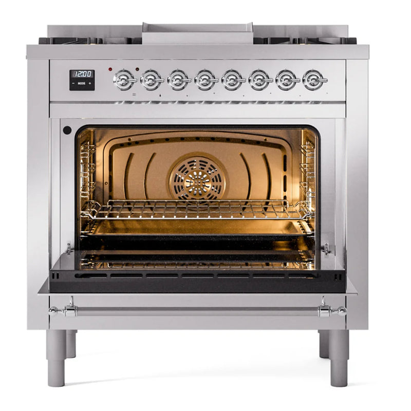 ILVE Nostalgie II 36" Dual Fuel Freestanding Range in Stainless Steel with Chrome Trim, UP36FNMPSSC
