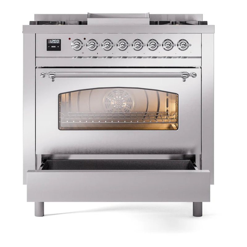 ILVE Nostalgie II 36" Dual Fuel Freestanding Range in Stainless Steel with Chrome Trim, UP36FNMPSSC
