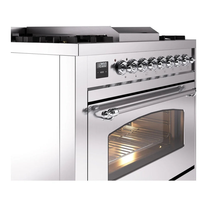 ILVE Nostalgie II 36" Dual Fuel Freestanding Range in Stainless Steel with Chrome Trim, UP36FNMPSSC
