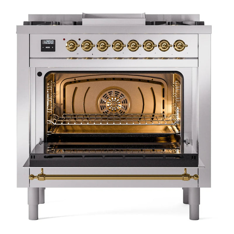ILVE Nostalgie II 36" Dual Fuel Freestanding Range in Stainless Steel with Brass Trim, UP36FNMPSSGLP