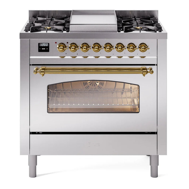 ILVE Nostalgie II 36" Dual Fuel Freestanding Range in Stainless Steel with Brass Trim, UP36FNMPSSG