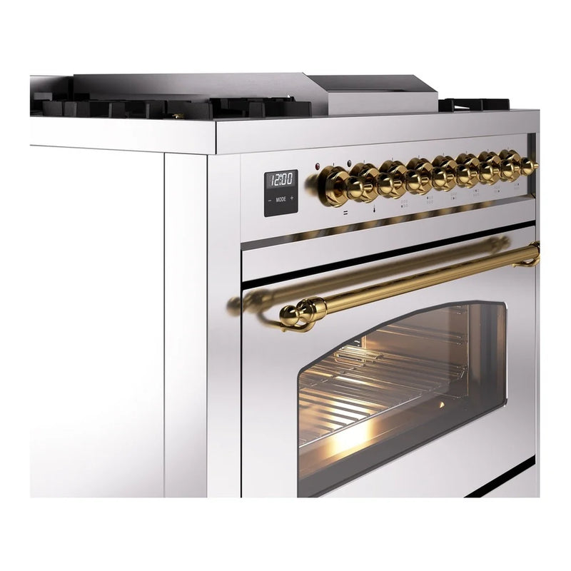 ILVE Nostalgie II 36" Dual Fuel Freestanding Range in Stainless Steel with Brass Trim, UP36FNMPSSG