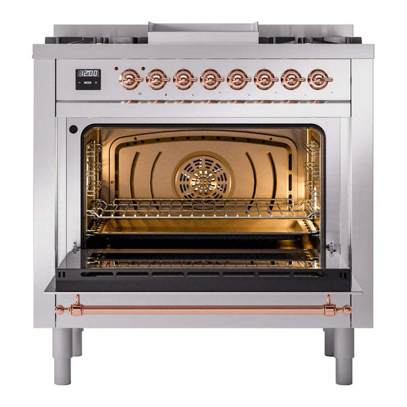 ILVE Nostalgie II 36" Dual Fuel Freestanding Range in Stainless Steel with Copper Trim, UP36FNMPSSPLP