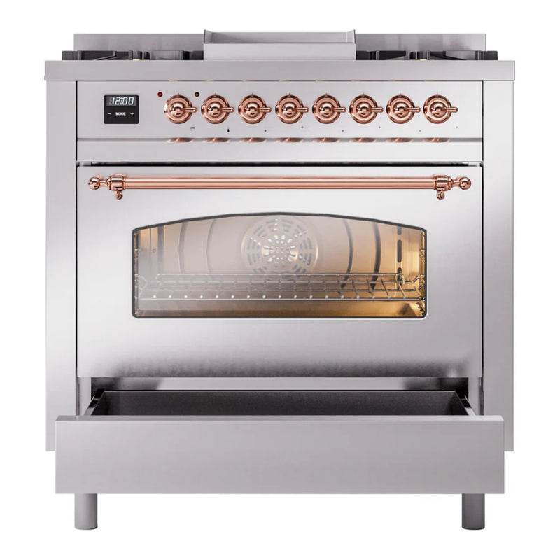 ILVE Nostalgie II 36" Dual Fuel Freestanding Range in Stainless Steel with Copper Trim, UP36FNMPSSPLP