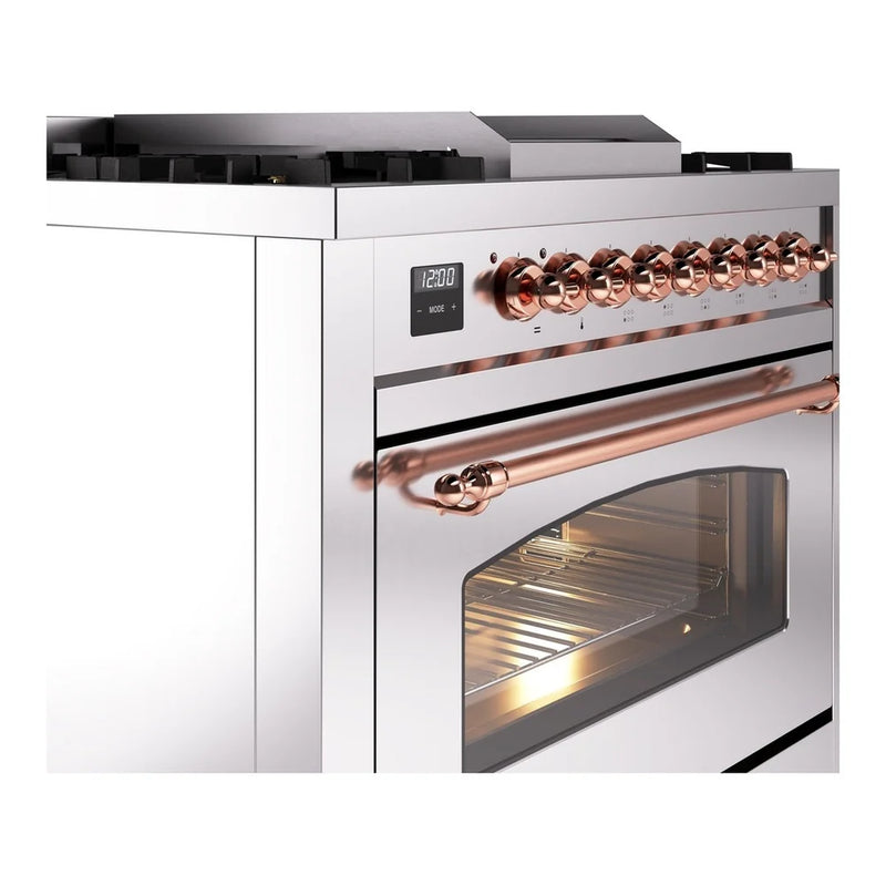 ILVE Nostalgie II 36" Dual Fuel Freestanding Range in Stainless Steel with Copper Trim, UP36FNMPSSPLP