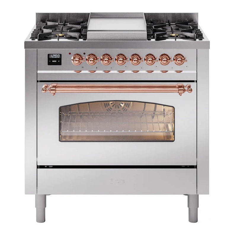 ILVE Nostalgie II 36" Dual Fuel Freestanding Range in Stainless Steel with Copper Trim, UP36FNMPSSP