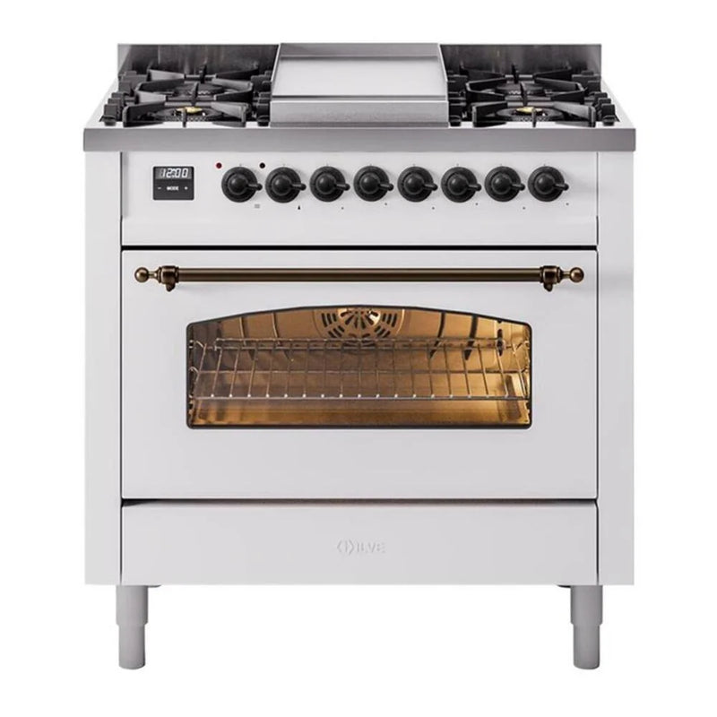 ILVE Nostalgie II 36" Dual Fuel Freestanding Range in White with Burnished Trim, UP36FNMPWHBLP