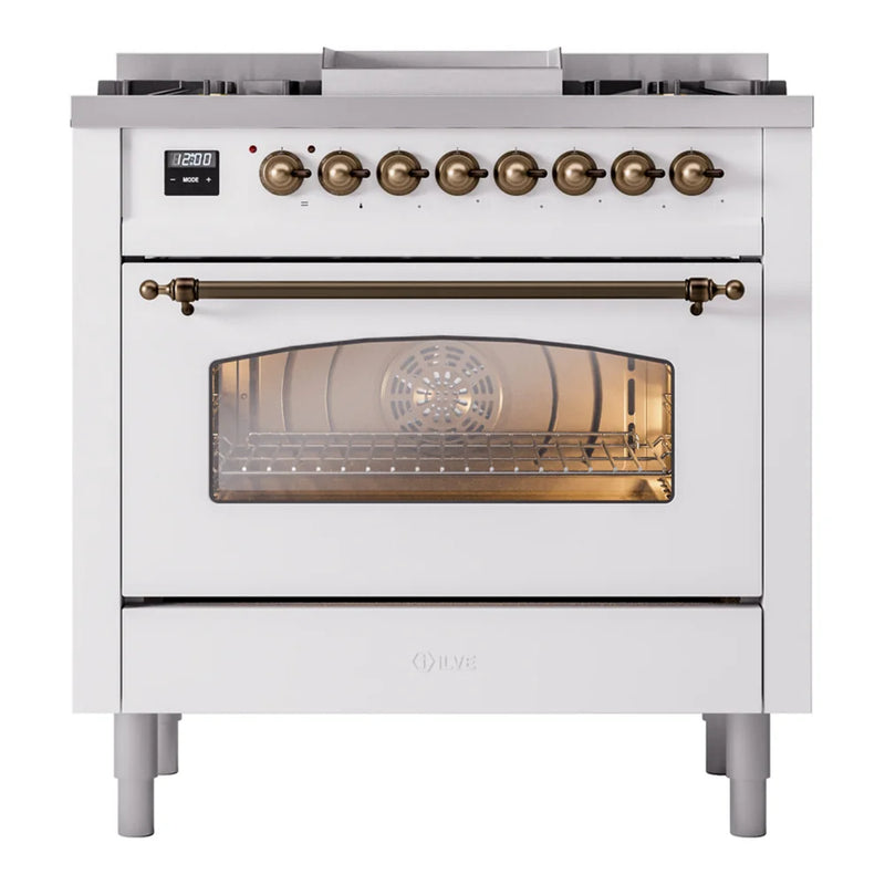 ILVE Nostalgie II 36" Dual Fuel Freestanding Range in White with Burnished Trim, UP36FNMPWHBLP