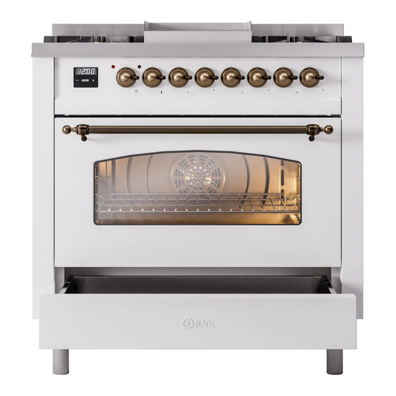 ILVE Nostalgie II 36" Dual Fuel Freestanding Range in White with Burnished Trim, UP36FNMPWHBLP