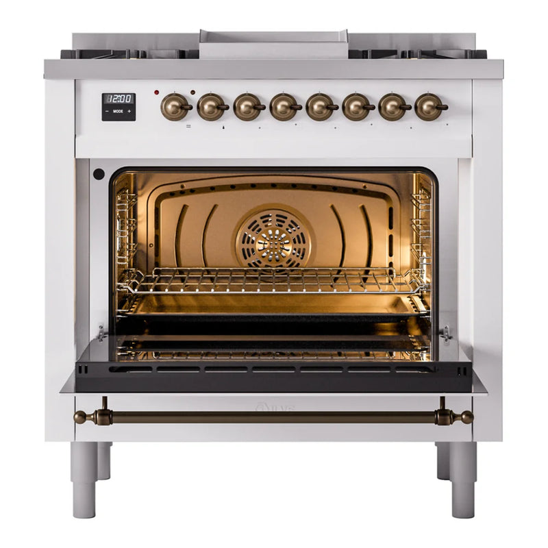 ILVE Nostalgie II 36" Dual Fuel Freestanding Range in White with Burnished Trim, UP36FNMPWHB