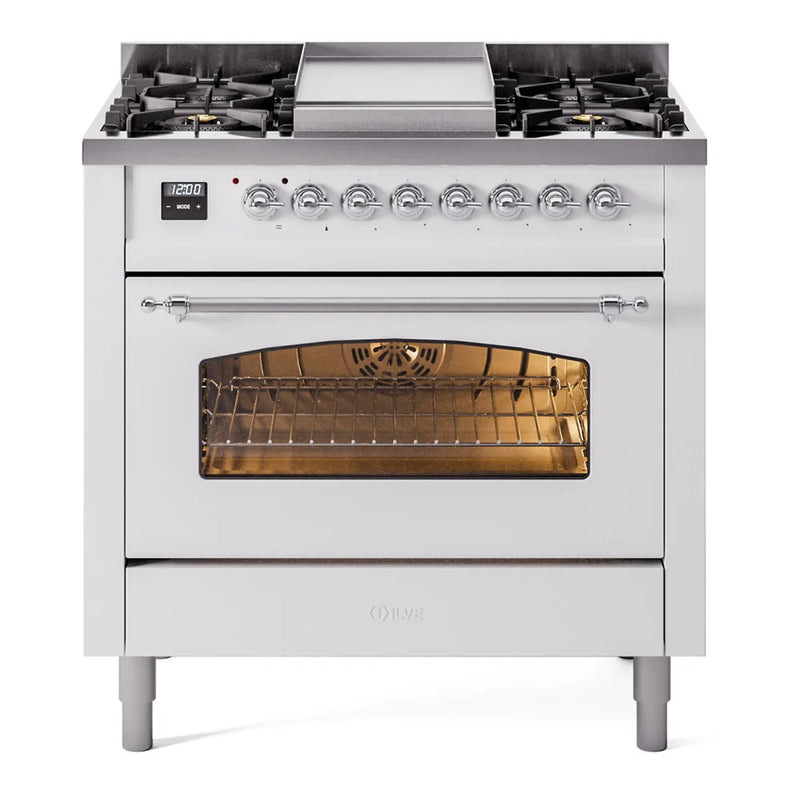 ILVE Nostalgie II 36" Dual Fuel Freestanding Range in White with Chrome Trim, UP36FNMPWHCLP