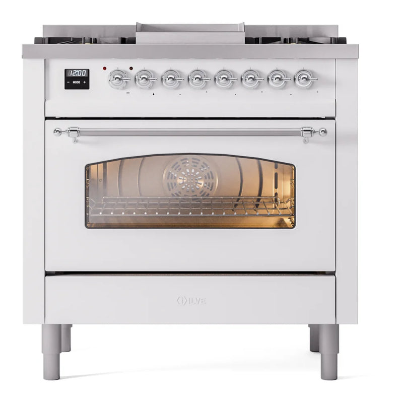 ILVE Nostalgie II 36" Dual Fuel Freestanding Range in White with Chrome Trim, UP36FNMPWHCLP