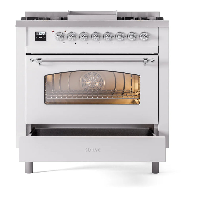 ILVE Nostalgie II 36" Dual Fuel Freestanding Range in White with Chrome Trim, UP36FNMPWHCLP