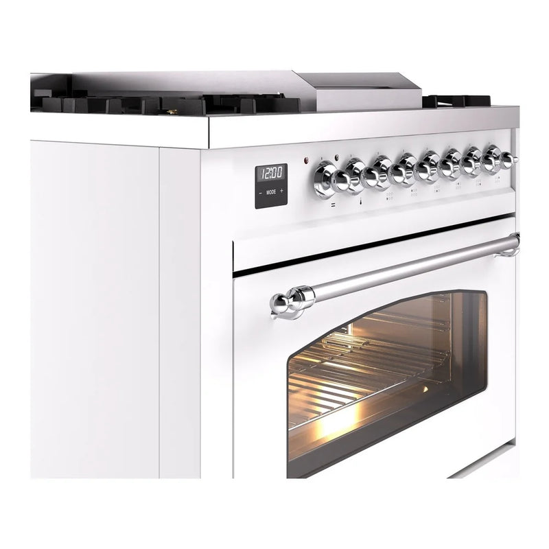 ILVE Nostalgie II 36" Dual Fuel Freestanding Range in White with Chrome Trim, UP36FNMPWHCLP